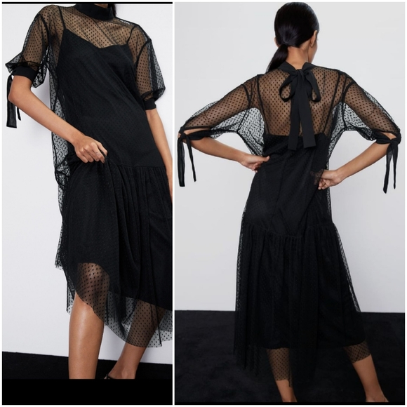 Zara Dresses & Skirts - Zara swiss dotted mesh dress with ties